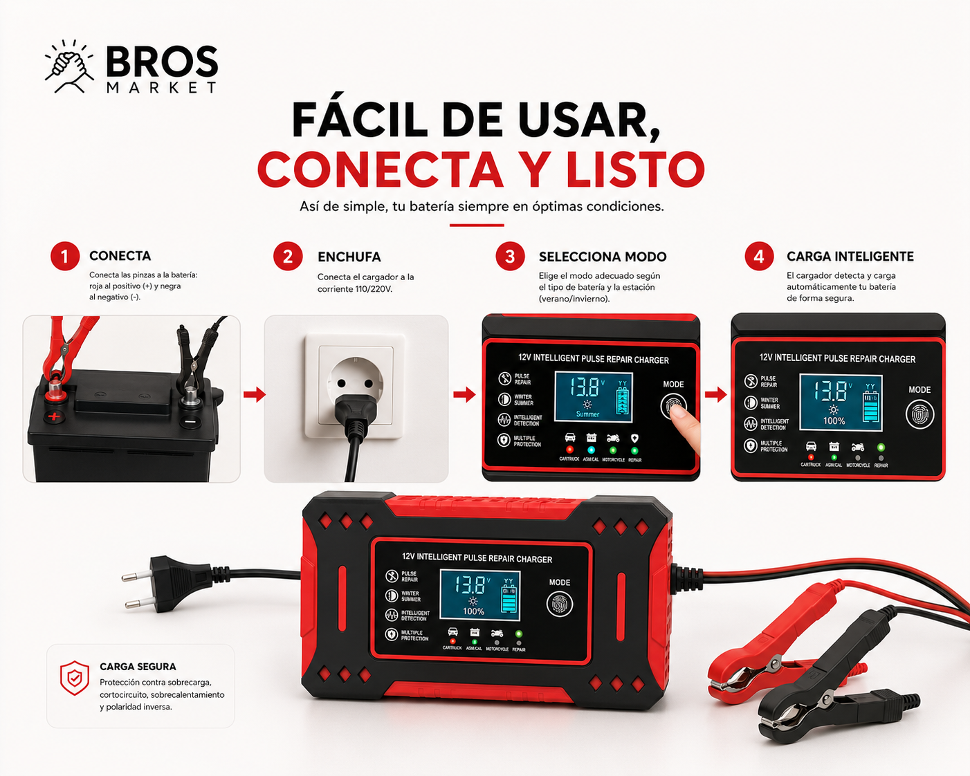 Cargador de Baterías Inteligente para Auto y Moto