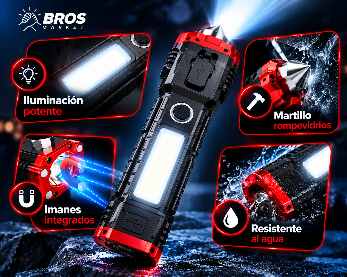 AutoGuard Martillo Linterna LED Táctica 4 en 1 - Luz cuando más la necesitas