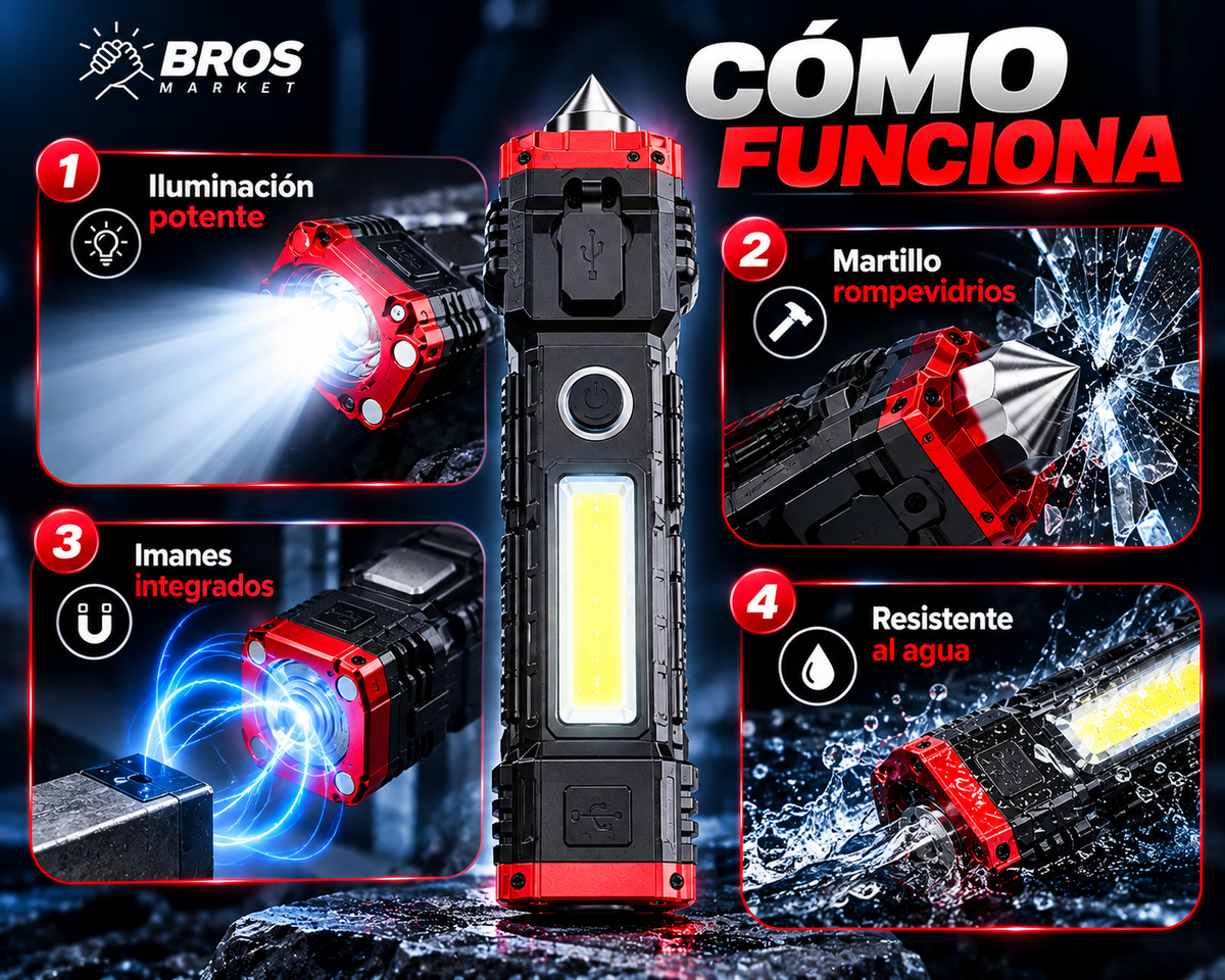 AutoGuard Martillo Linterna LED Táctica 4 en 1 - Luz cuando más la necesitas